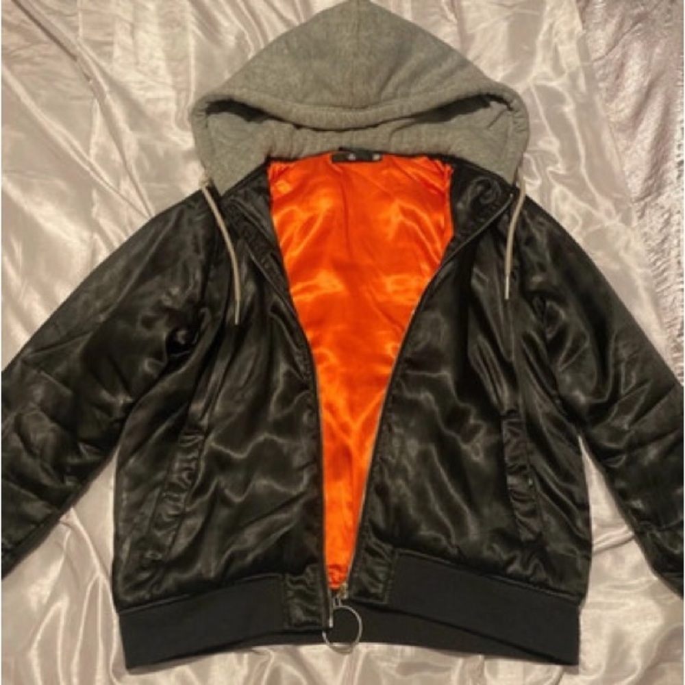 Missguided Black Jacket with Orange Lining and Gray Hood
